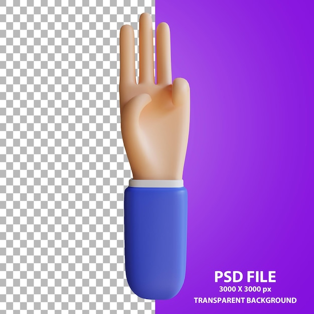 Cartoon hand posing 3 fingers 3d rendering