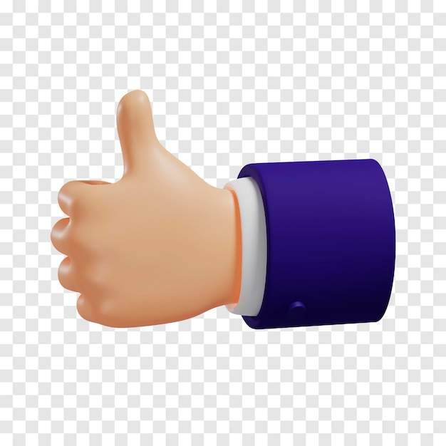 PSD cartoon hand with dark blue sleeves shows thumbs up light skin tone isolated