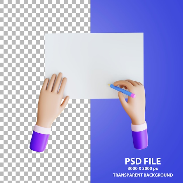 PSD cartoon hand writing on blank paper 3d rendering