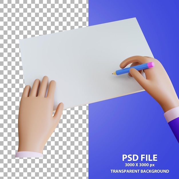 PSD cartoon hand writing on blank paper 3d rendering