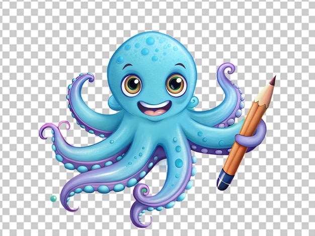 PSD cartoon happy octopus holding pencil