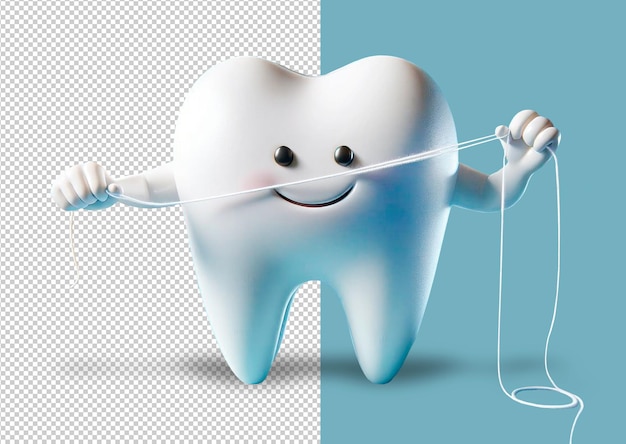 cartoon happy smiling 3d tooth holding a dental floss on a transparent background