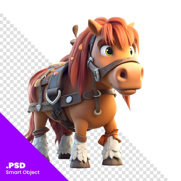 Cartoon horse with a saddle on white background 3d illustration psd template