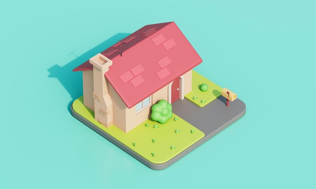 만화 하우스 외관 이소메트릭 3D 렌더링