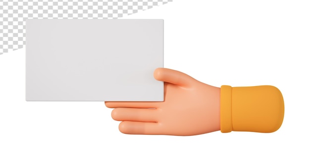 Cartoon human hand hold empty paper card with copy space 3d illustration