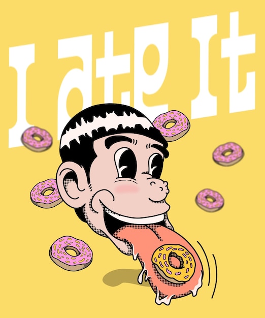 PSD cartoon illustration boy eating donuts