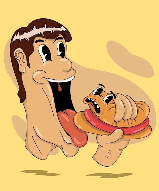 PSD cartoon illustration boy eating a hotdog