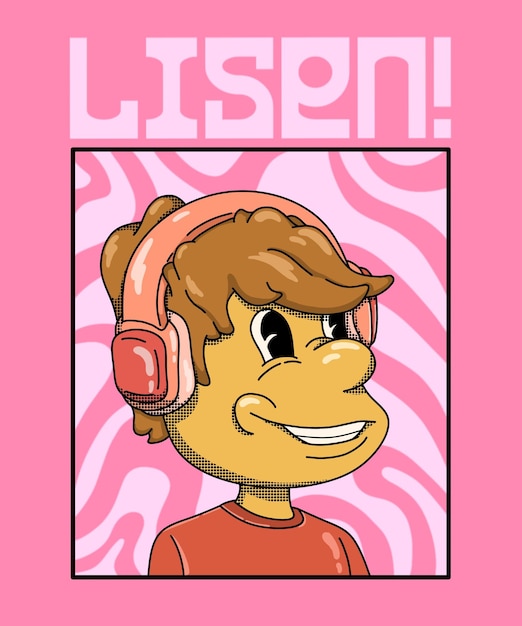 PSD cartoon illustration boy listening to music with headphone