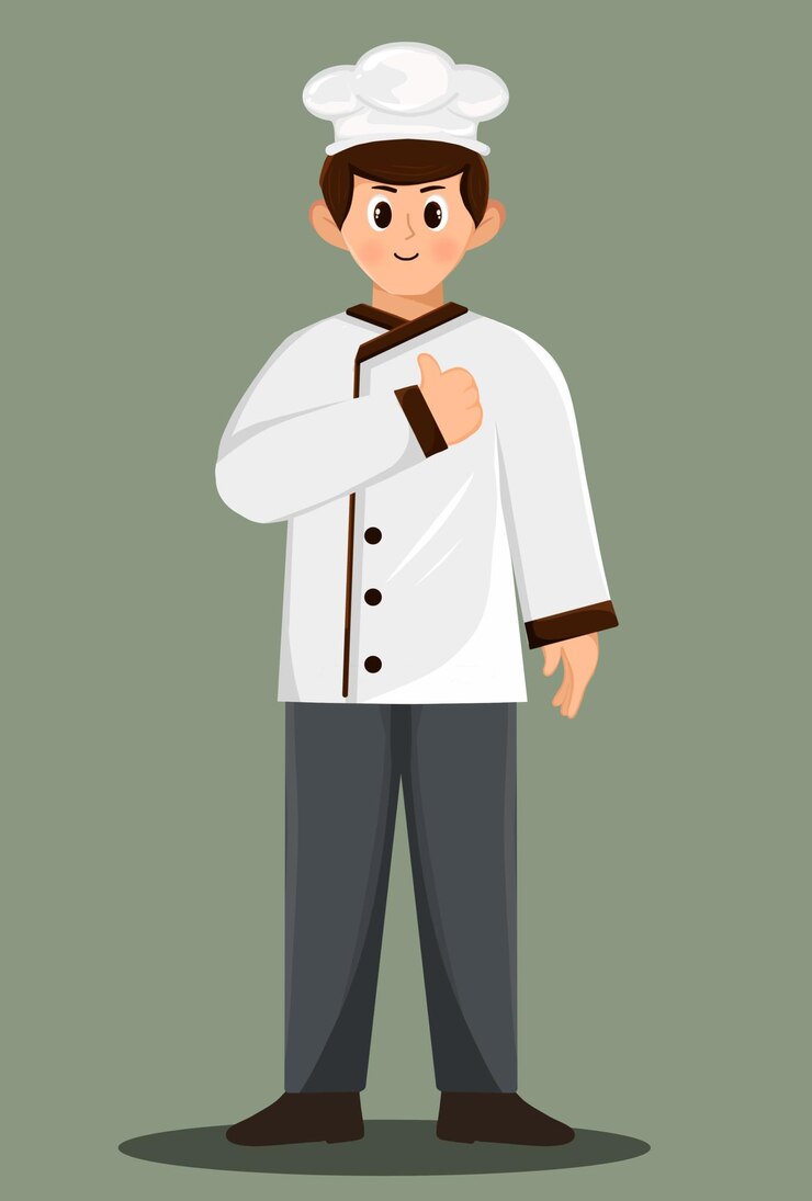 PSD cartoon illustration of a chef in a white uniform with a standing pose and thumbs up