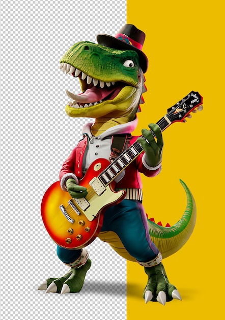 cartoon illustration dinosaur playing electro guitar in sunglasses