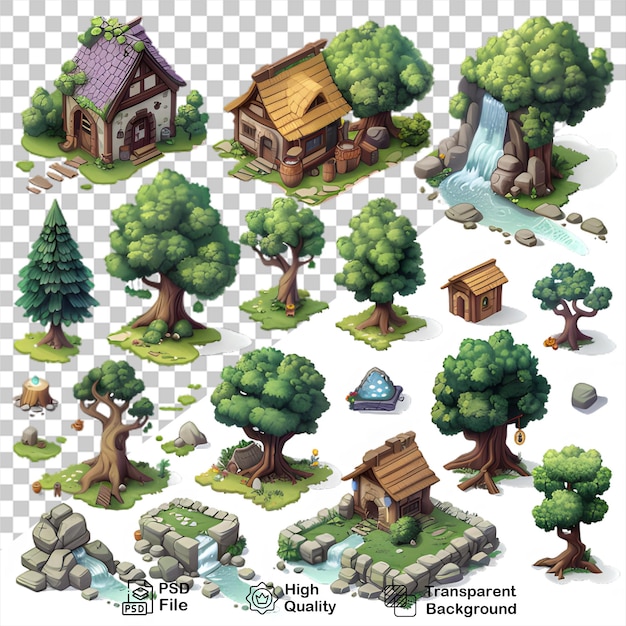 Un'illustrazione a cartone animato di un giardino con una casa e alberi con sfondo trasparente