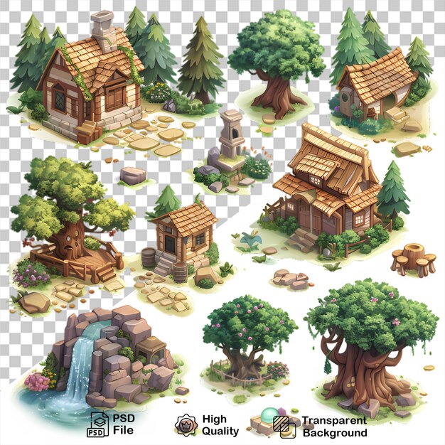 PSD a cartoon illustration of a garden with a house and trees with transparent background