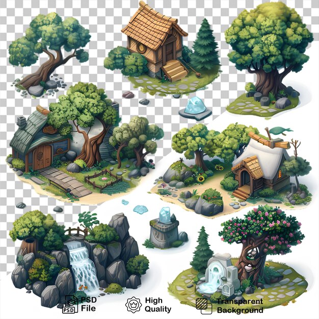 PSD a cartoon illustration of a garden with a house and trees with transparent background