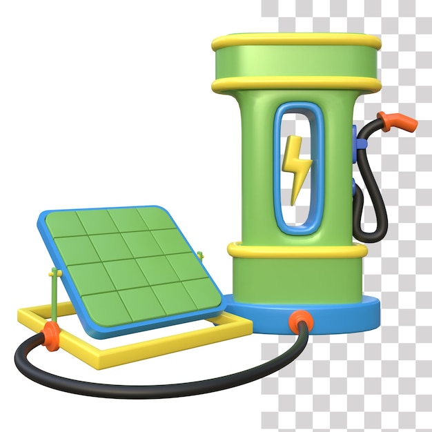 PSD cartoon illustration of a gas pump with a solar panel on a transparent background