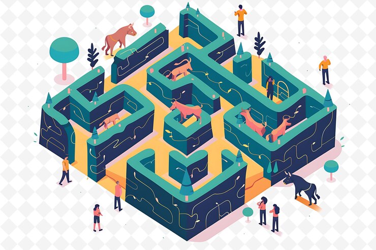 PSD a cartoon illustration of a maze with animals and people