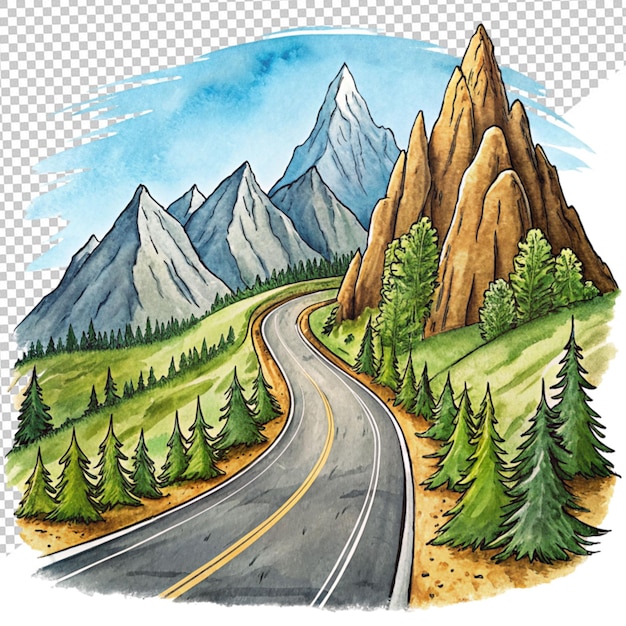 PSD illustrazione di cartone animato strada di montagna su sfondo trasparente