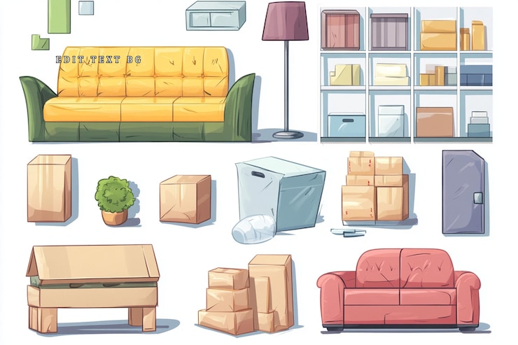 PSD cartoon illustration of moving house supplies furniture boxes and packaging materials