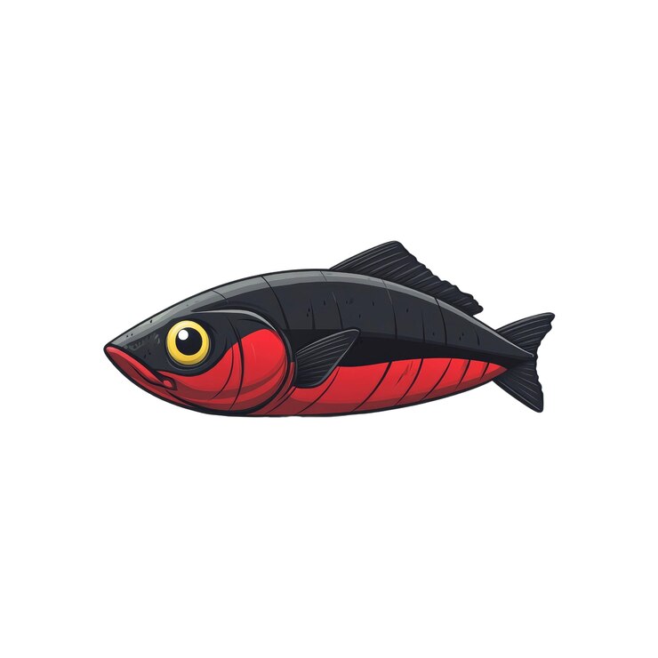 PSD cartoon illustration of a red and black fish with yellow eye