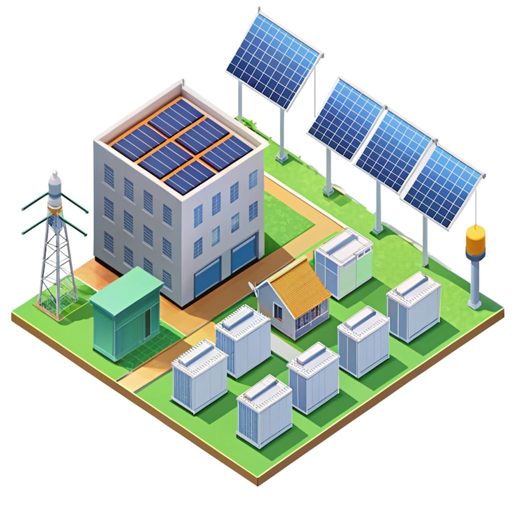 PSD a cartoon illustration of a solar farm with solar panels on the roof