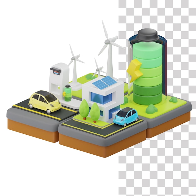 A cartoon illustration of a town with a solar power station and a car on a transparent background.