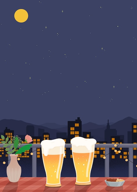 a cartoon illustration of two beer glasses with a flower in the middle of the night