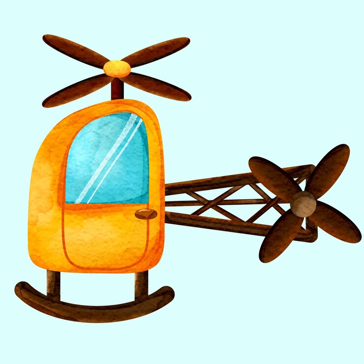 PSD cartoon illustration of a watercolor toy helicopter with yellow color and brown propellers