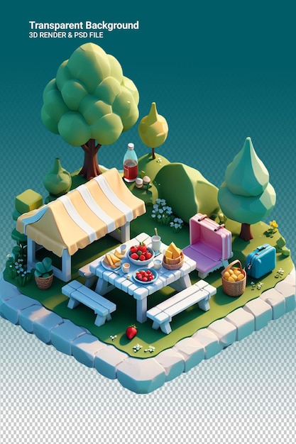 Un'immagine a cartone animato di un giardino con un tavolo e sedie e un tavolo con un tavolino da picnic