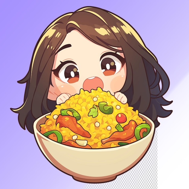 PSD a cartoon image of a girl with a bowl of rice and a bowl of rice