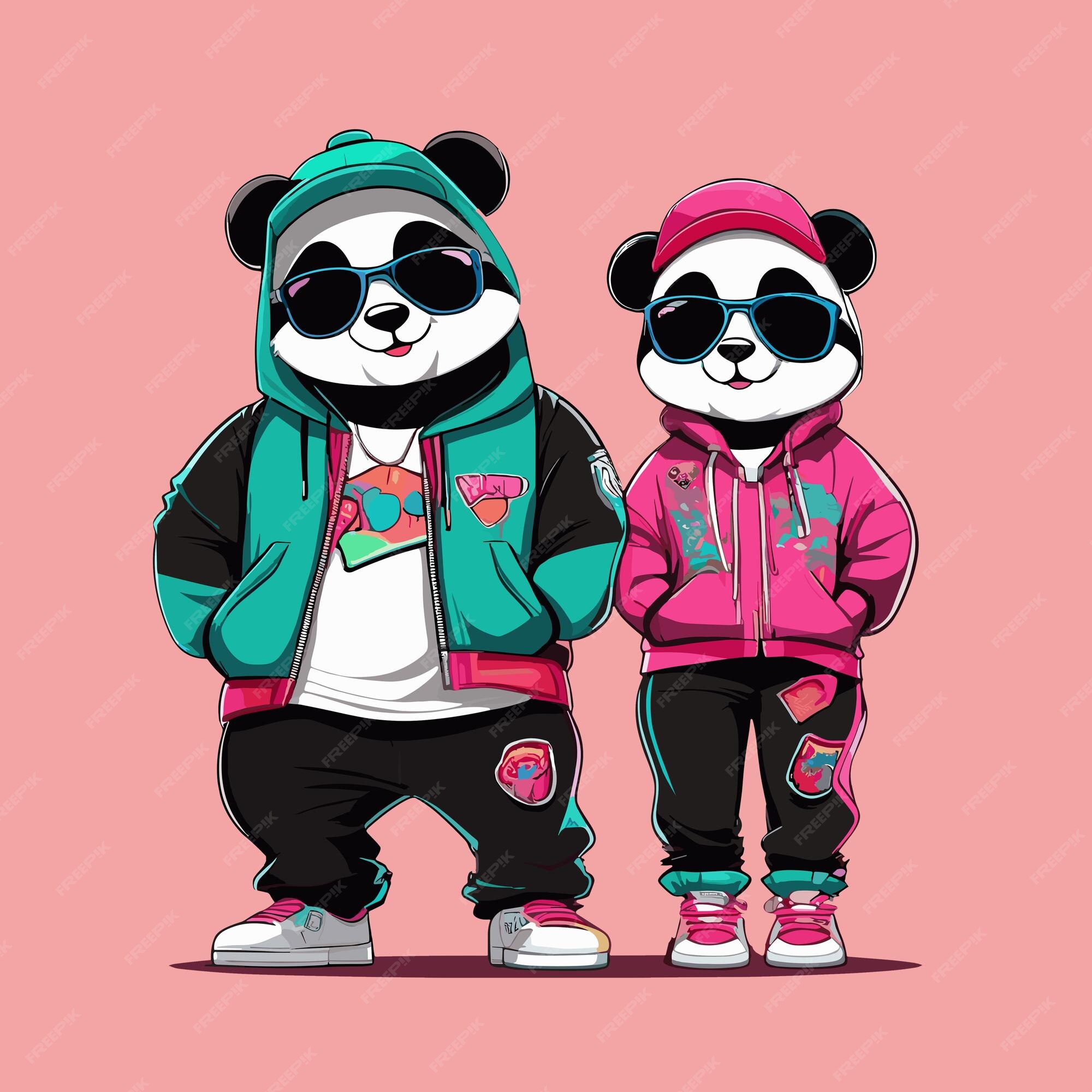 Premium PSD | A cartoon image of a young panda couple using hip hop