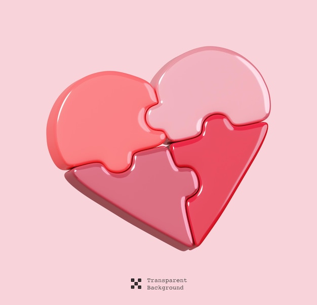 Cartoon jigsaw puzzle heart shape isolated. 14 february happy valentine's day icon. 3d rendering