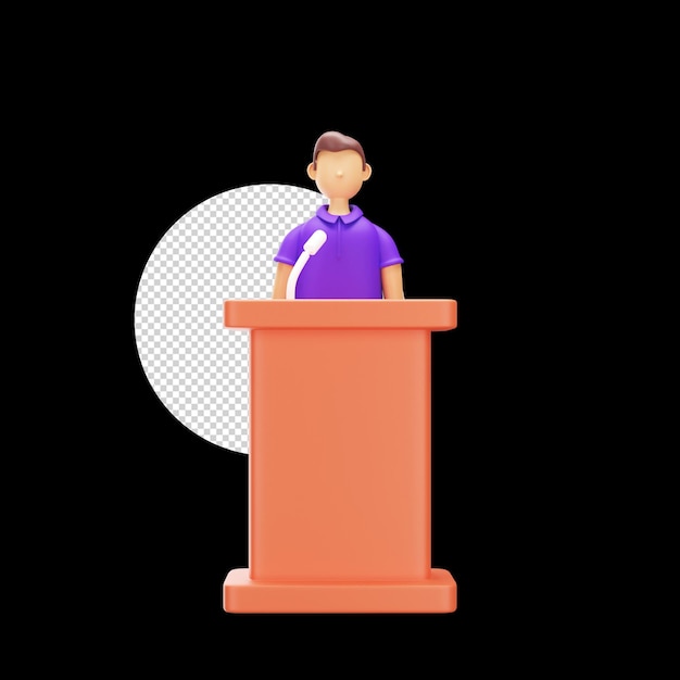 PSD cartoon jonge man staande in mic podium 3d-element tegen zwarte cirkel png-achtergrond