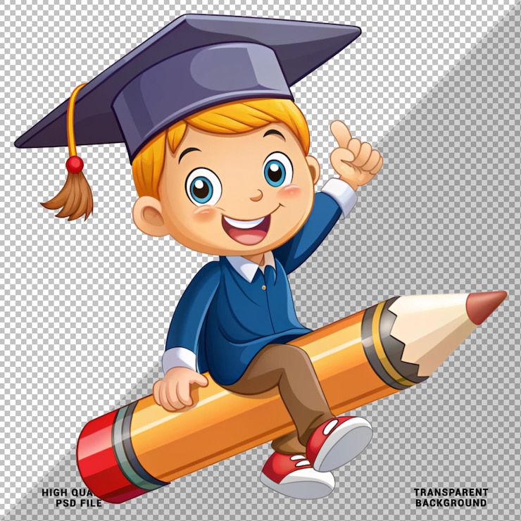 PSD cartoon jongen rijden op een potlood met school tas geïsoleerd op transparante achtergrond