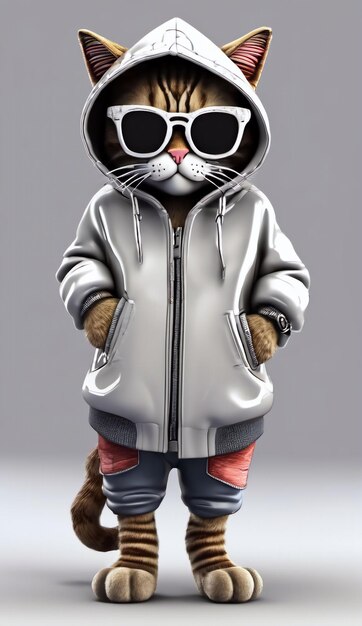 PSD cartoon kat in volle lengte zonnebril en jas met kap op doorzichtige achtergrond 3d-rendering