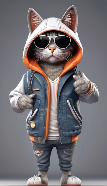 Cartoon kat in volle lengte zonnebril en jas met kap op doorzichtige achtergrond 3d-rendering