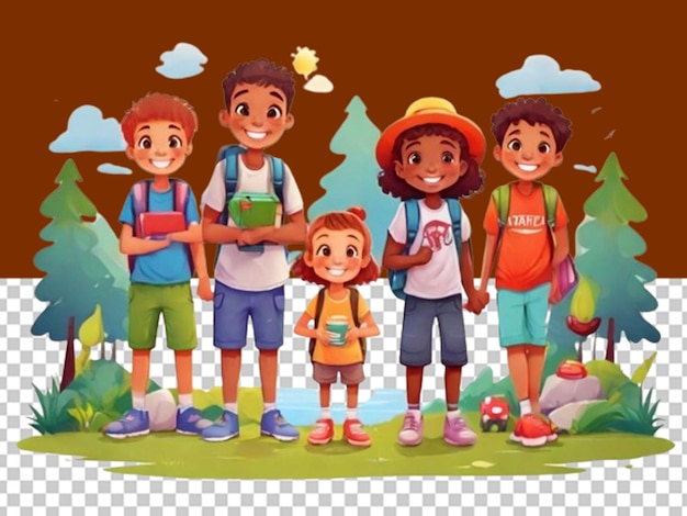 PSD cartoon kids in front of tent summer camp concept