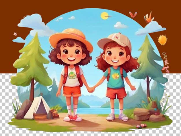 PSD cartoon kids in front of tent summer camp concept