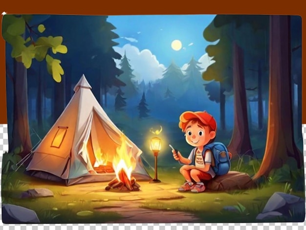 PSD cartoon kids in front of tent summer camp concept