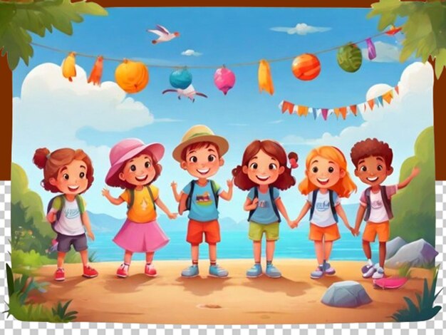 Дети из мультфильмов перед палаткой концепция летнего лагеря
