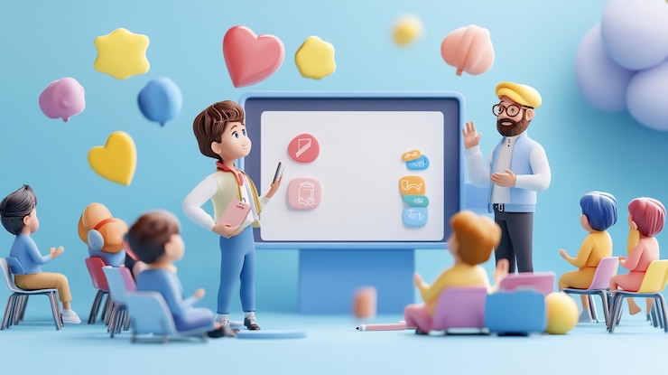 PSD cartoon kids learning from teacher using digital board in classroom colorful characters engaged in online education