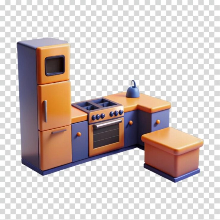 PSD cartoon kitchen set orange and blue appliances