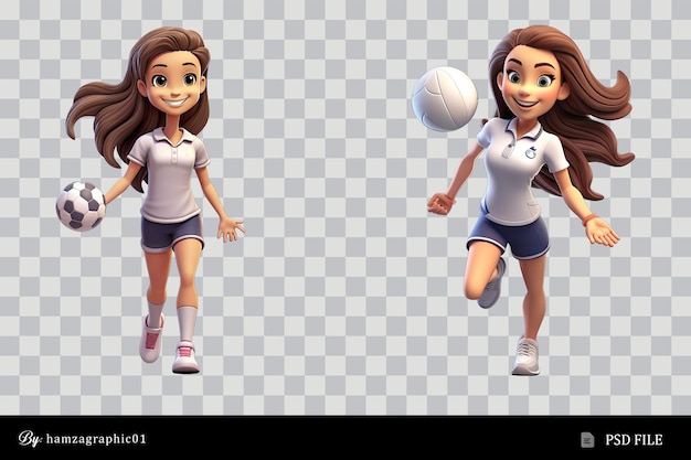 PSD Девушка с мультфильмом играет в волейбол мягкое гладкое освещение только png premium psd