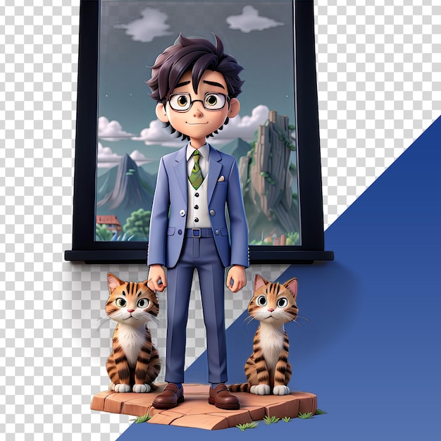 PSD a cartoon of a man and a cat with a picture of a mountain in the background