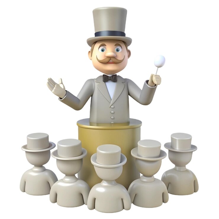 PSD a cartoon man is standing in front of a fountain with many small figurines