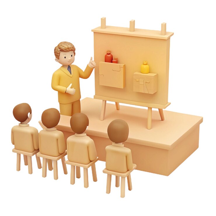 PSD a cartoon of a man pointing at a presentation with several children