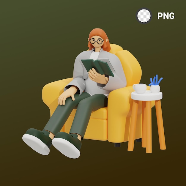 Un cartone animato di un uomo che legge un libro su una sedia.