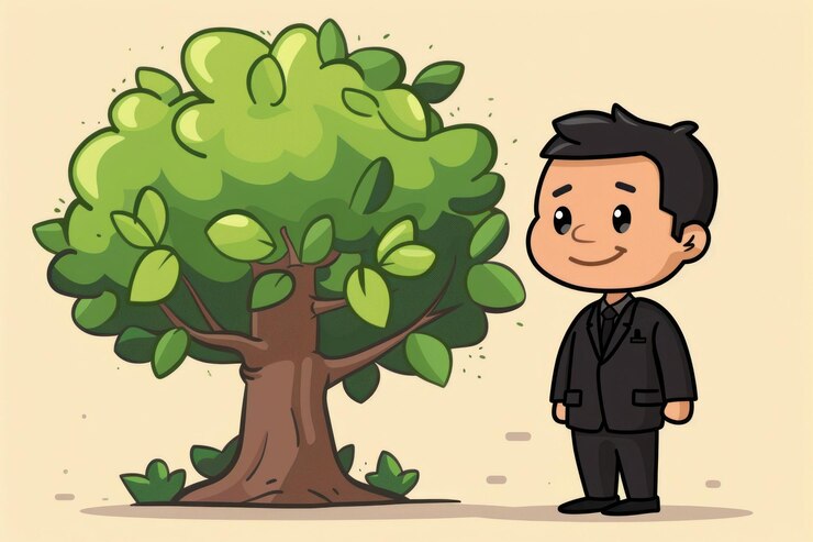 PSD a cartoon man in a suit stands next to a large tree smiling and looking at the tree