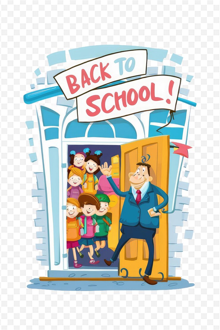 PSD a cartoon of a man with a back to school sign that says back to school