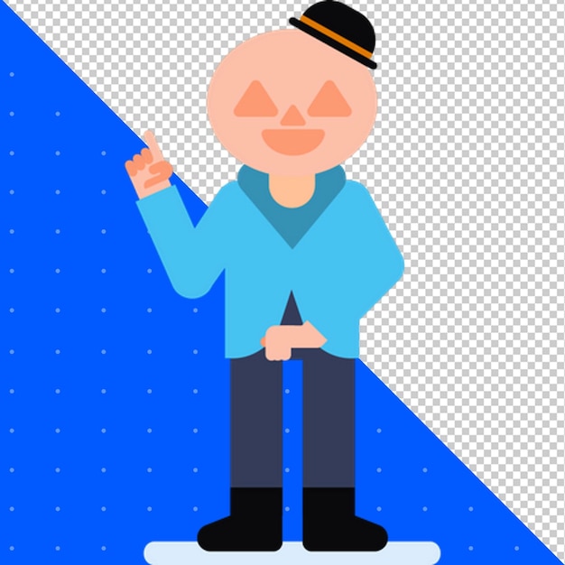 Мужчина из мультфильма в синей рубашке и черной шляпе, указывающий на знак с надписью " тыква "