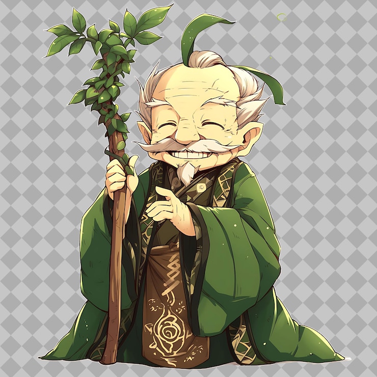 PSD 一幅有綠色長袍的男人拿著一棵樹的卡通