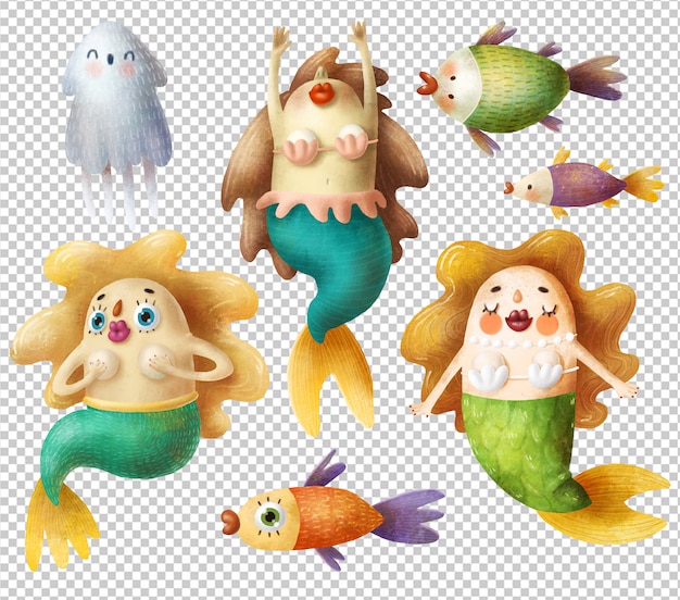 PSD cartoon mermaids and fishes set